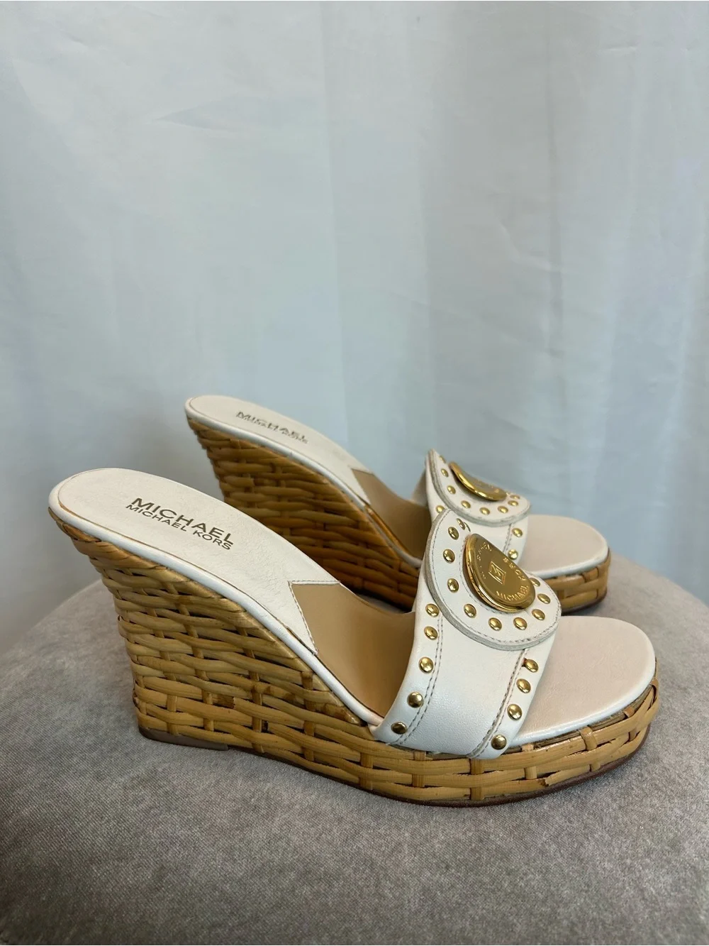 Michael Kors White Leather Studded Woven Wedge Slide Sandals Gold Logo 6.5